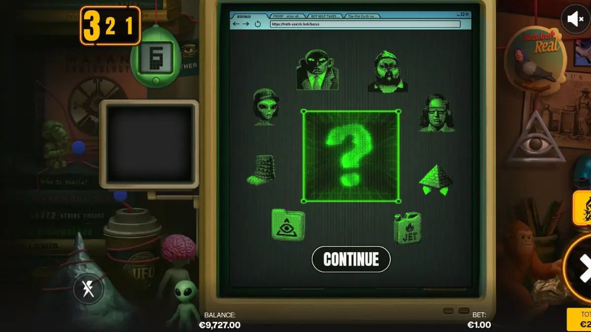 Tampilan layar permainan slot Truth dengan tema konspirasi dan bunker retro