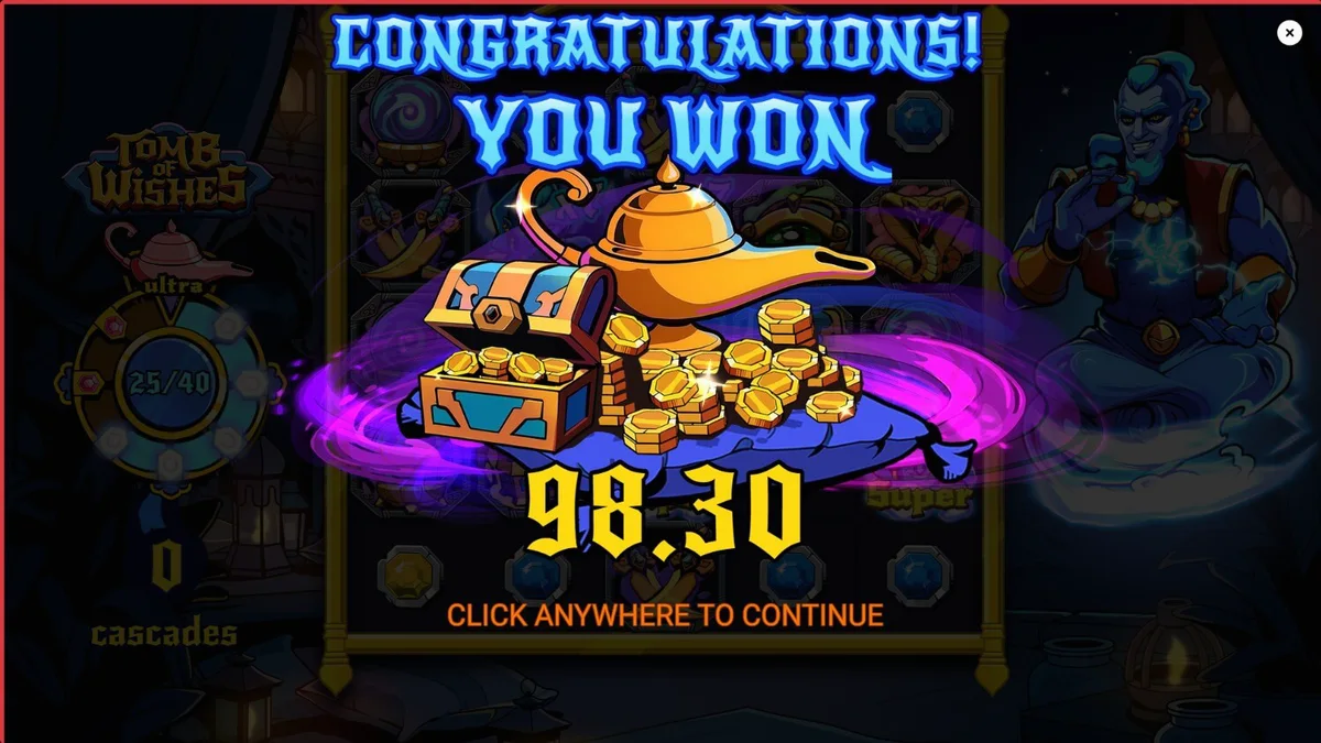 Tampilan layar permainan slot Tomb of Wishes dengan tema Arabian Nights dan simbol-simbol mistis seperti Jin, lampu ajaib, dan harta karun.